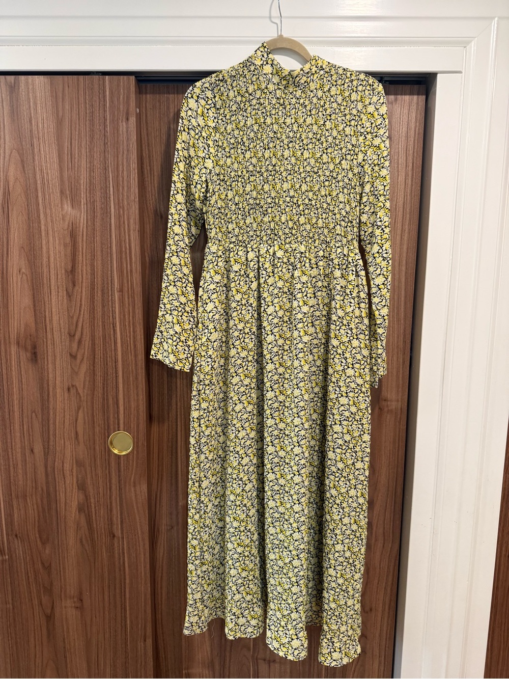 Ghospell Yellow Floral Long-Sleeve Midi Dress M